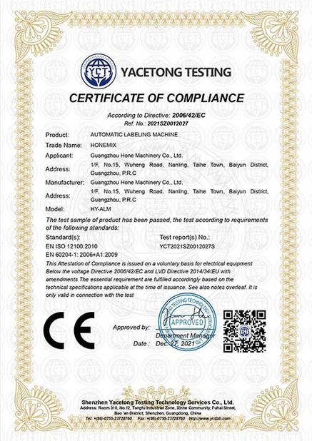 Chiny Guangzhou Hone Machinery Co., Ltd. Certyfikaty