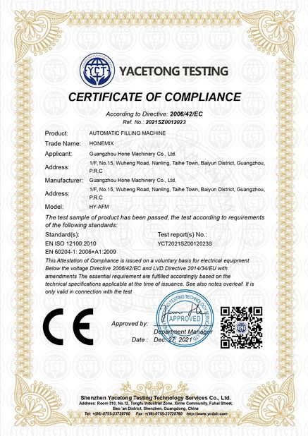 Chiny Guangzhou Hone Machinery Co., Ltd. Certyfikaty