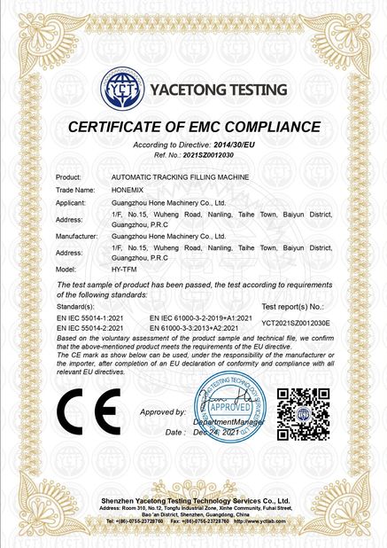 Chiny Guangzhou Hone Machinery Co., Ltd. Certyfikaty