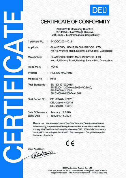 Chiny Guangzhou Hone Machinery Co., Ltd. Certyfikaty