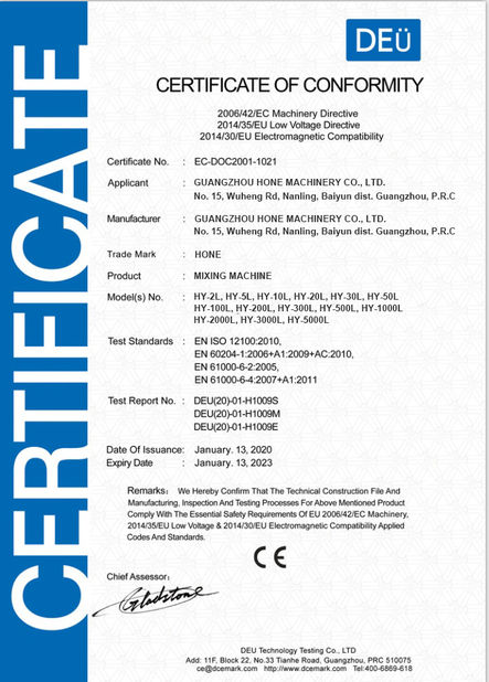 Chiny Guangzhou Hone Machinery Co., Ltd. Certyfikaty